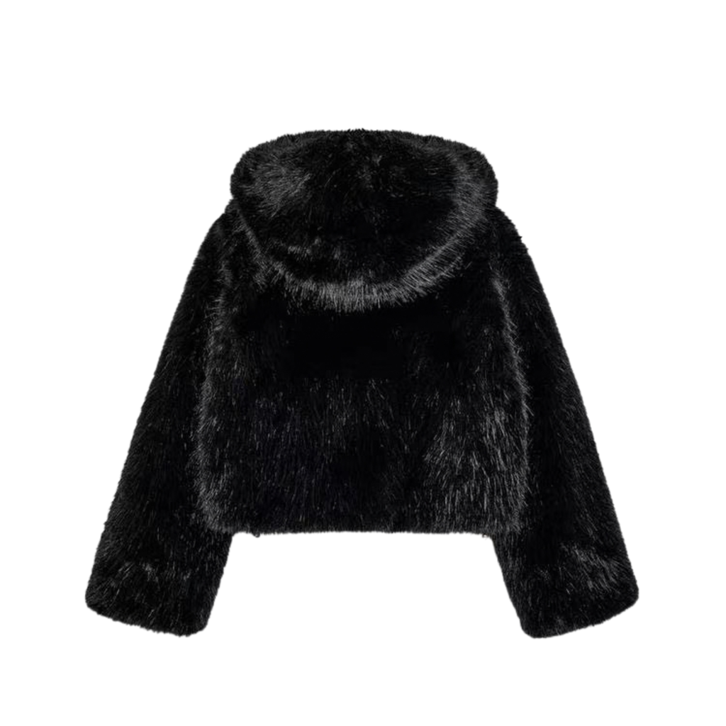 Short black faux fur hooded jacket /Бэлэн/