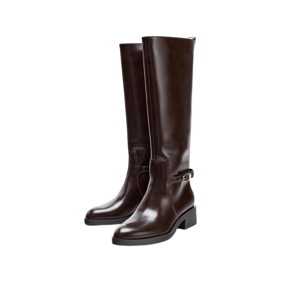 Zara Brown Knee-High Buckle Boots
