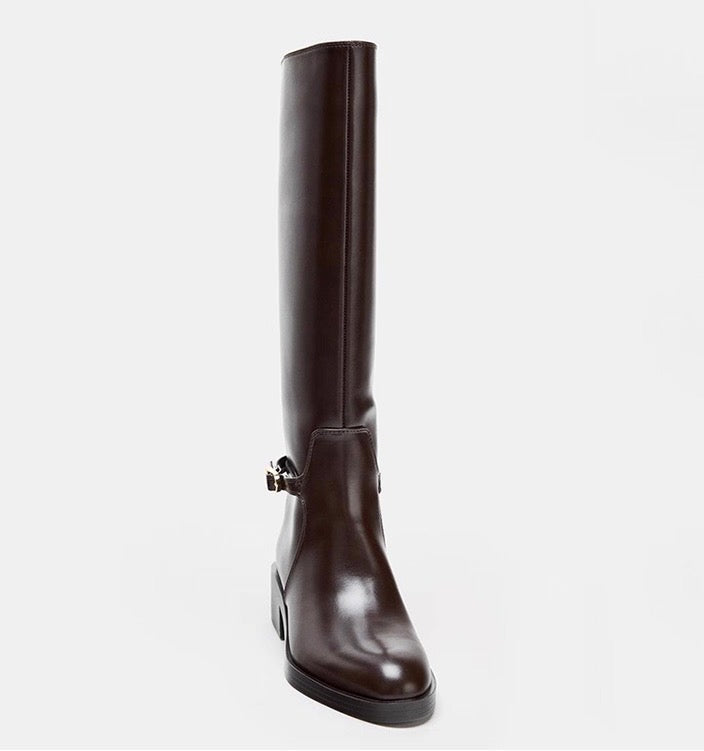 Zara Brown Knee-High Buckle Boots