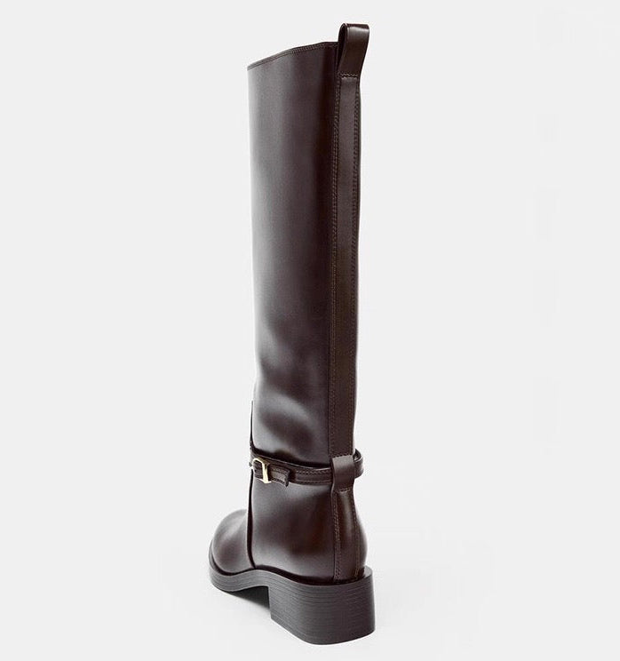 Zara Brown Knee-High Buckle Boots