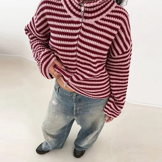 Striped Knit Zip-Up Cardigan /ZARA/